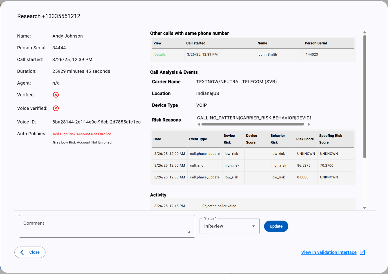 Research Center fraud investigation view with call analysis and risk scoring